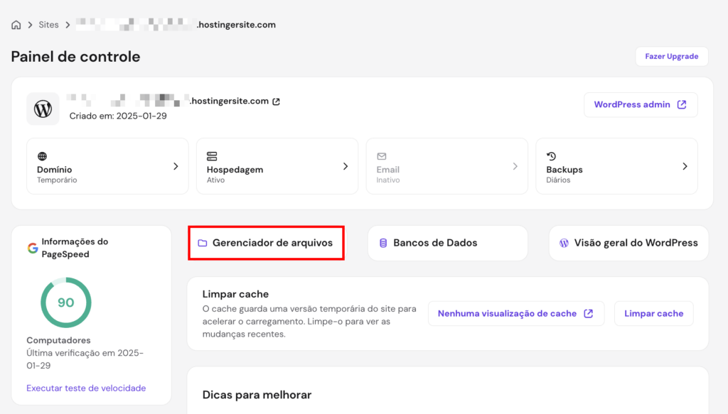 O hPanel da Hostinger destacando o botão para acessar o Gerenciador de arquivos