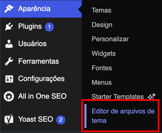O bot&atilde;o Editor de Arquivos de Tema no painel administrativo do WordPress