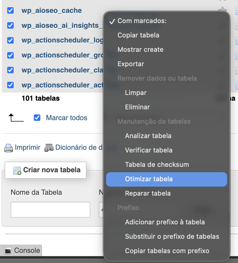 Aba Estrutura do phpMyAdmin, destacando o comando de otimização da tabela