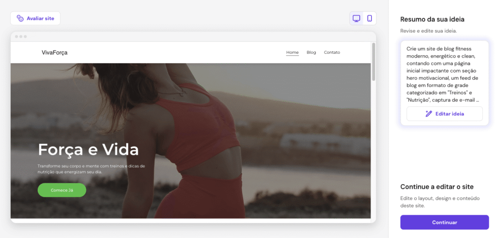 Vista previa del blog de fitness creado con Criador de Sites da Hostinger