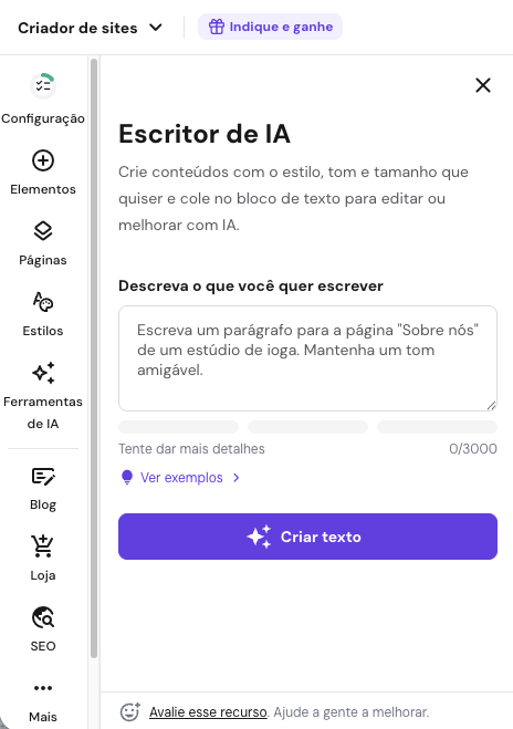 AI Writer aberto no Criador de Sites da Hostinger