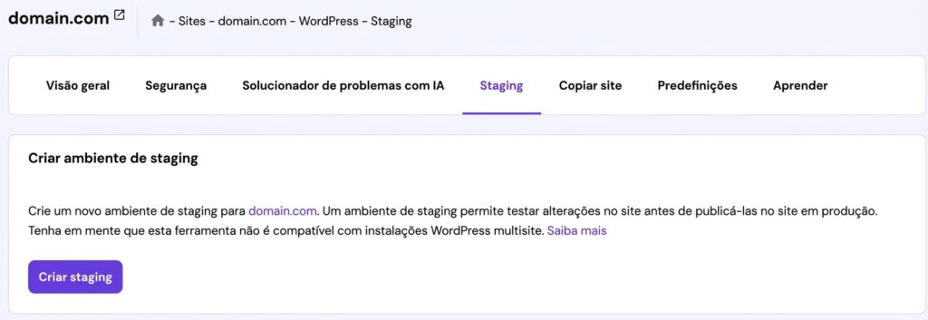 P&aacute;gina de cria&ccedil;&atilde;o de ambiente de staging no hPanel