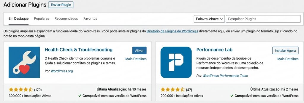 O menu Adicionar plugins no painel de administra&ccedil;&atilde;o do WordPress
