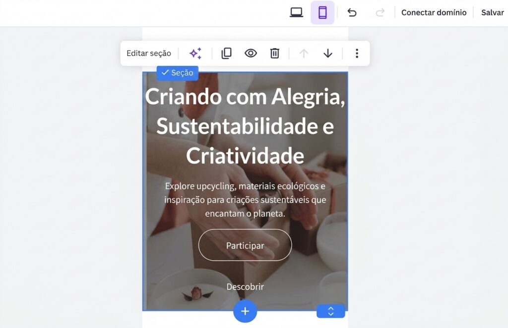 Visualização responsiva para celular no Criador de Sites da Hostinger
