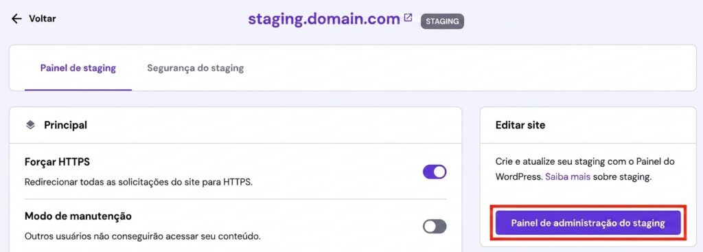 Bot&atilde;o de acesso ao Painel de Administra&ccedil;&atilde;o do ambiente de staging no hPanel