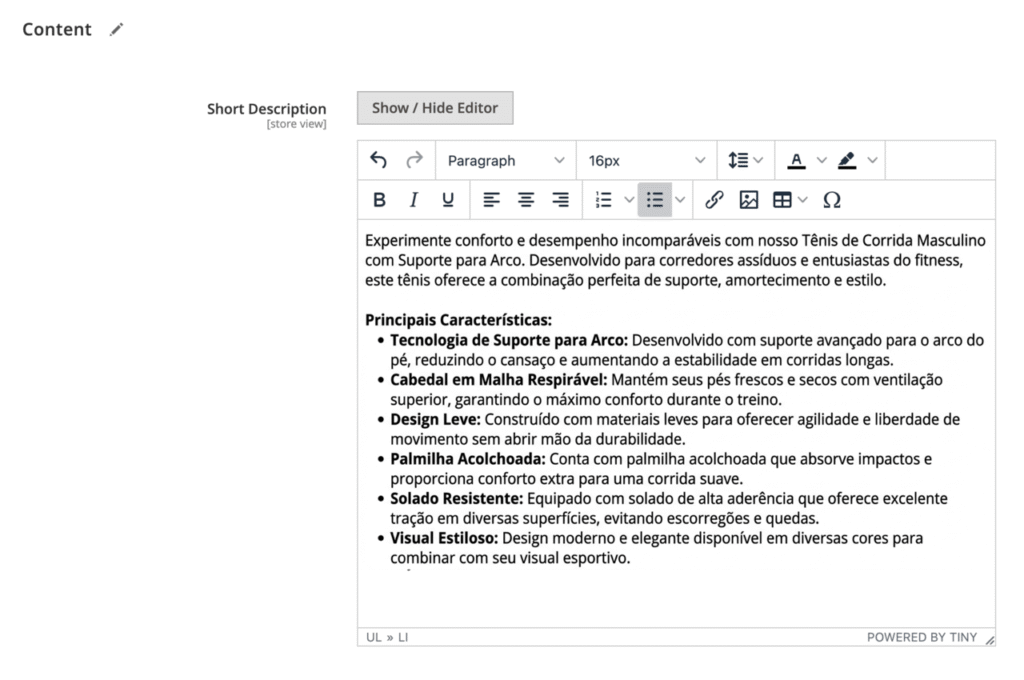 Painel administrativo do Magento mostrando o editor de descrição curta em uma página de produto