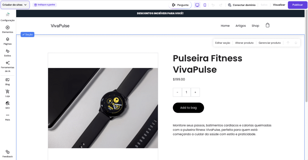 Una página de producto de un reloj inteligente en una tienda online creada con Criador de Sites da Hostinger