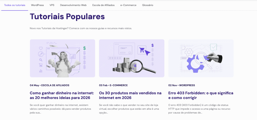 P&aacute;gina dos Tutoriais da Hostinger