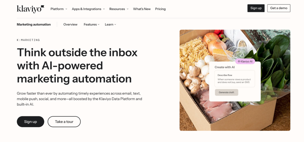 Página inicial do Klaviyo