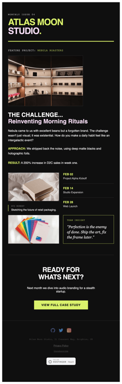 Black and neon creative studio monthly newsletter