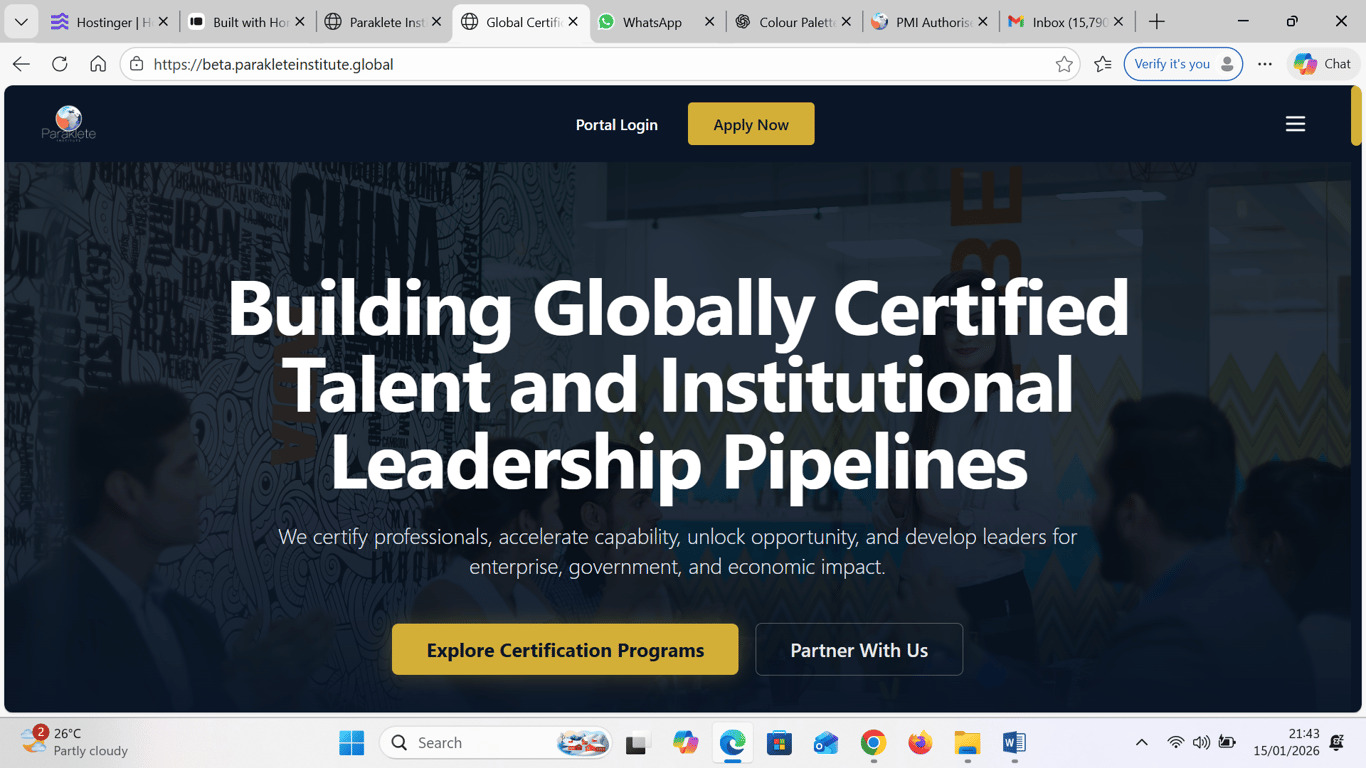 Institutional website redesign for Paraklete Institute, showcasing global certifications, programs, partnerships, and le