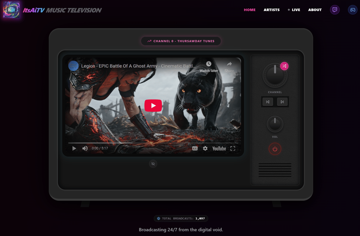A music television site using AI gen music, YouTube and Twitch livestreams