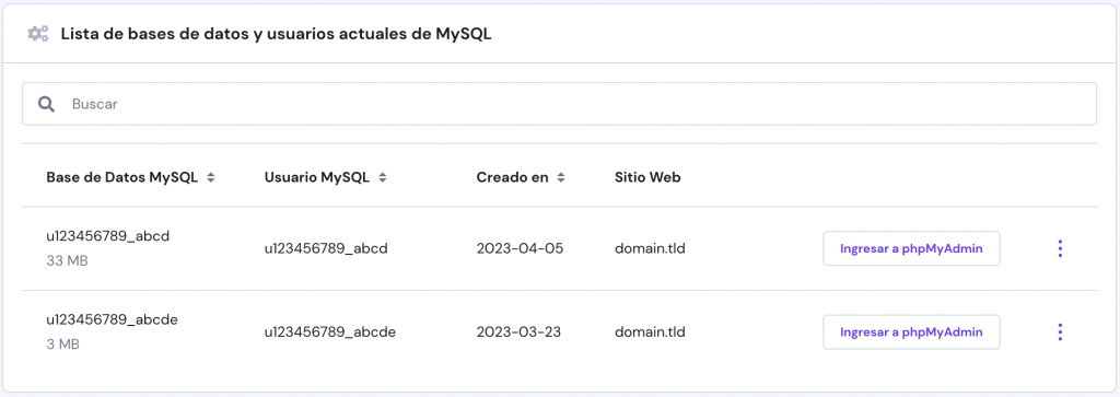 La página de gestión de bases de datos en hPanel