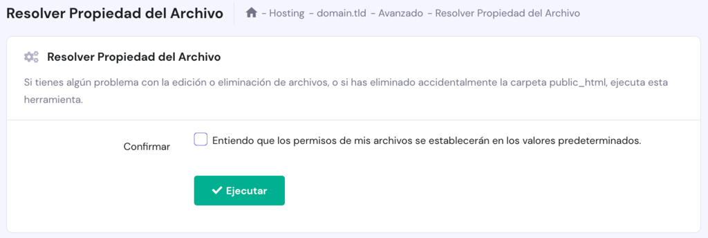 La sección de resolución de propiedad de archivos en el menú de Hosting de hPanel