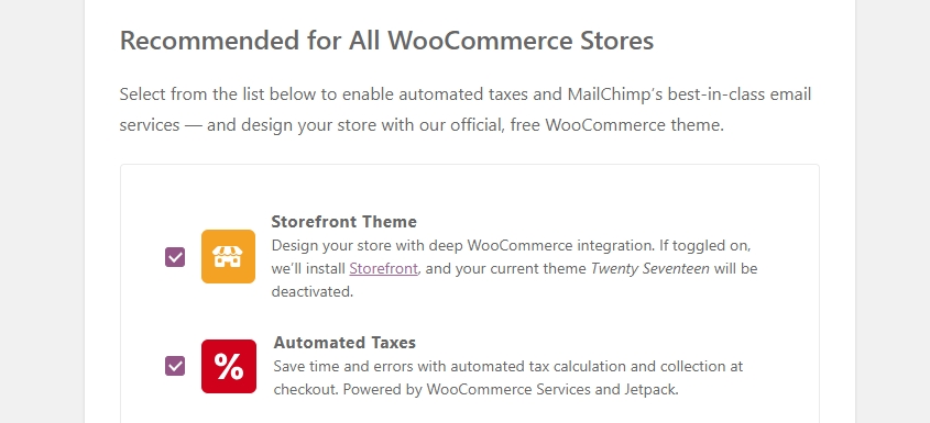 Parte del asistente de configuración de WooCommerce.