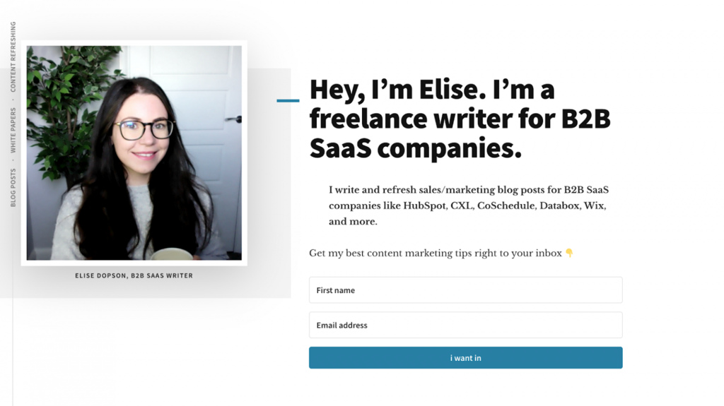 Página de Inicio del sitio web de Elise Dopson, escritora freelance