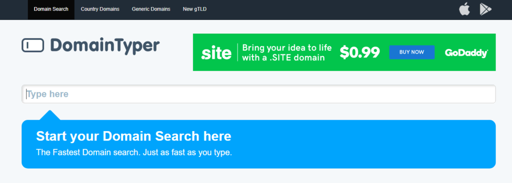 Página de inicio de DomainTyper