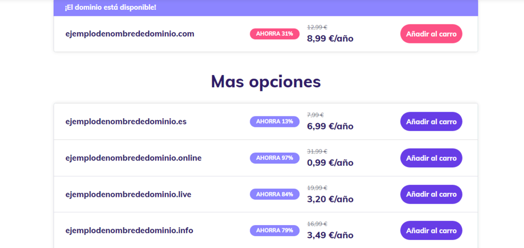 Ejemplos de nombres de dominios en el comprobador de Hostinger
