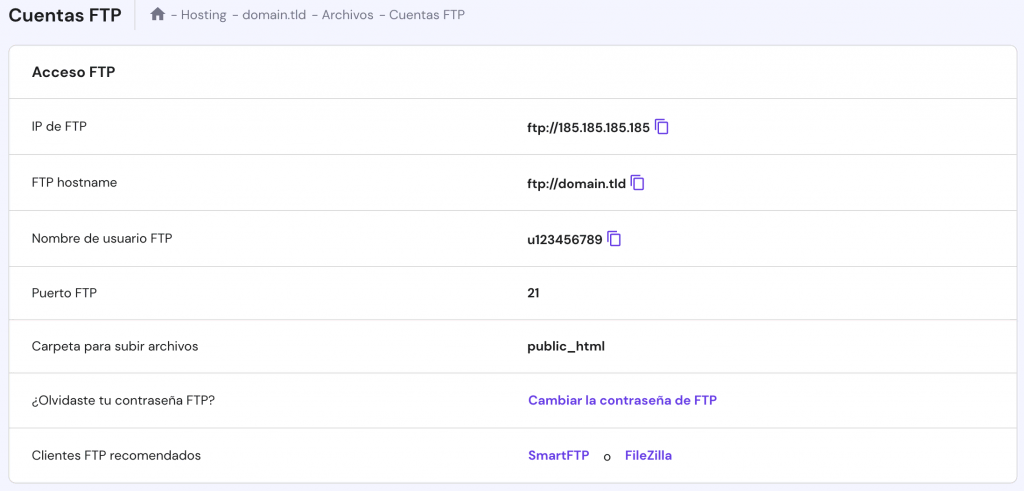 La página de cuentas FTP en hPanel