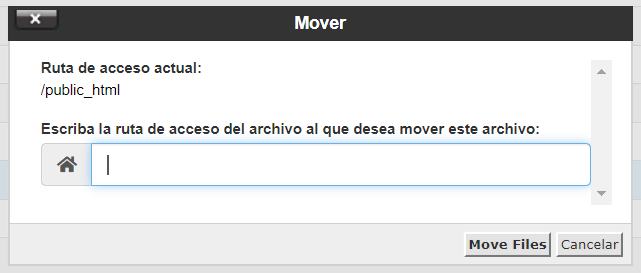 Ventana para mover archivo con nueva ruta en cPanel