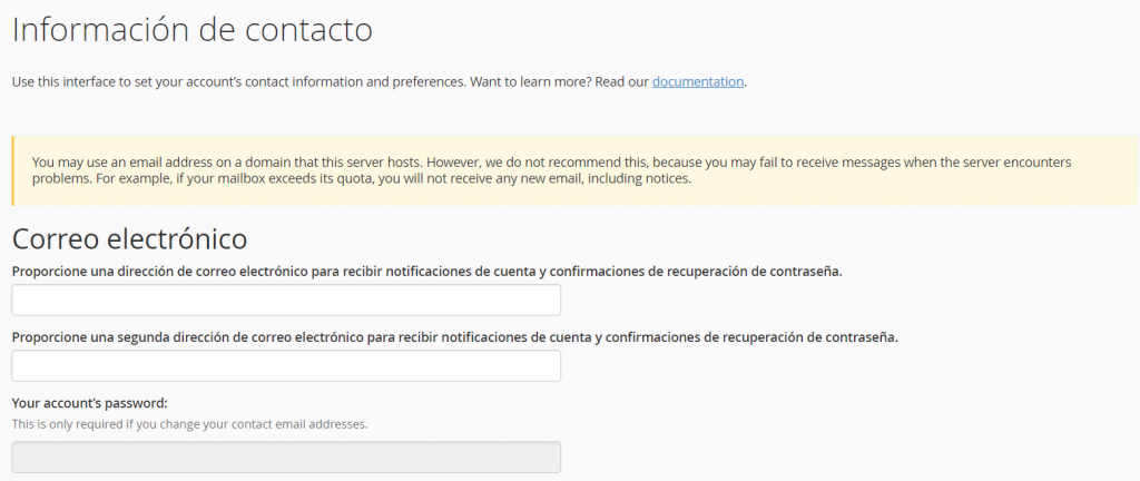 Sección Información de contacto de cPanel