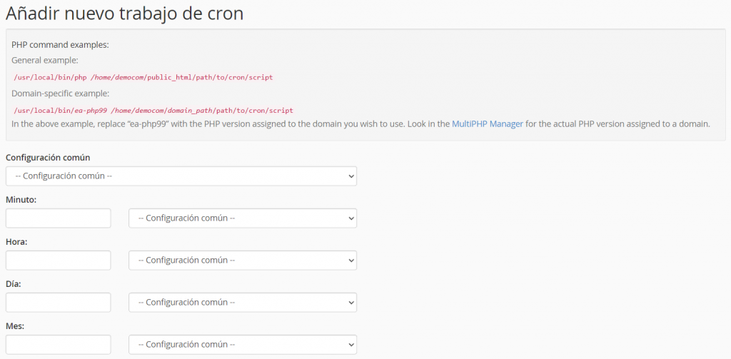 Sección para añadir nuevo Cron Job en cPanel