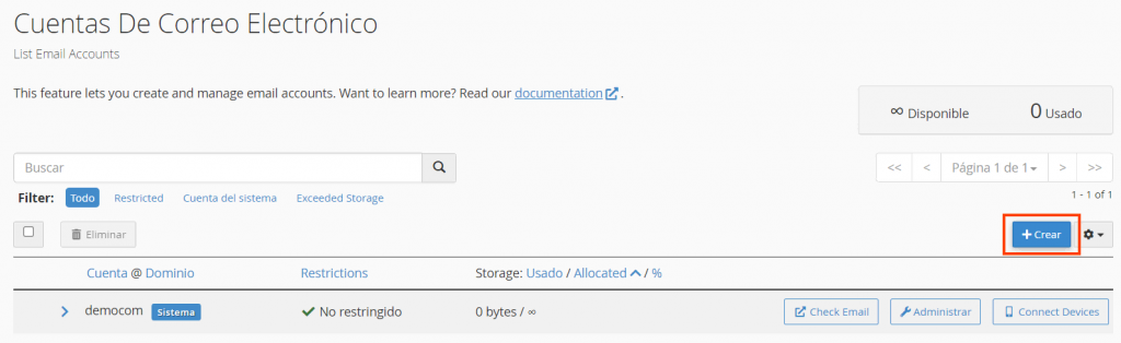 Sección de correos electrónicos de cPanel