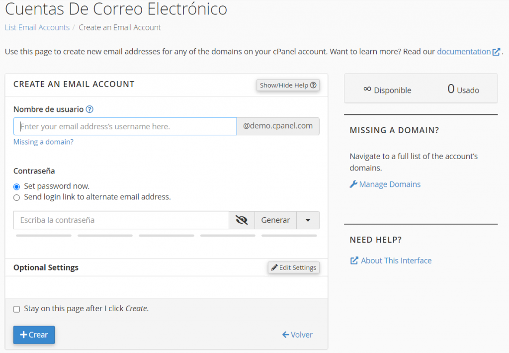 Formulario para crear una nueva dirección de correo en cPanel