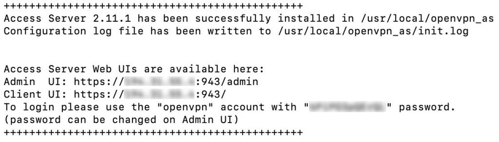 La ventana del terminal muestra una instalación correcta del servidor OpenVPN Access.