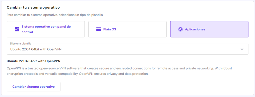 Interfaz para cambiar sistema operativo en hPanel