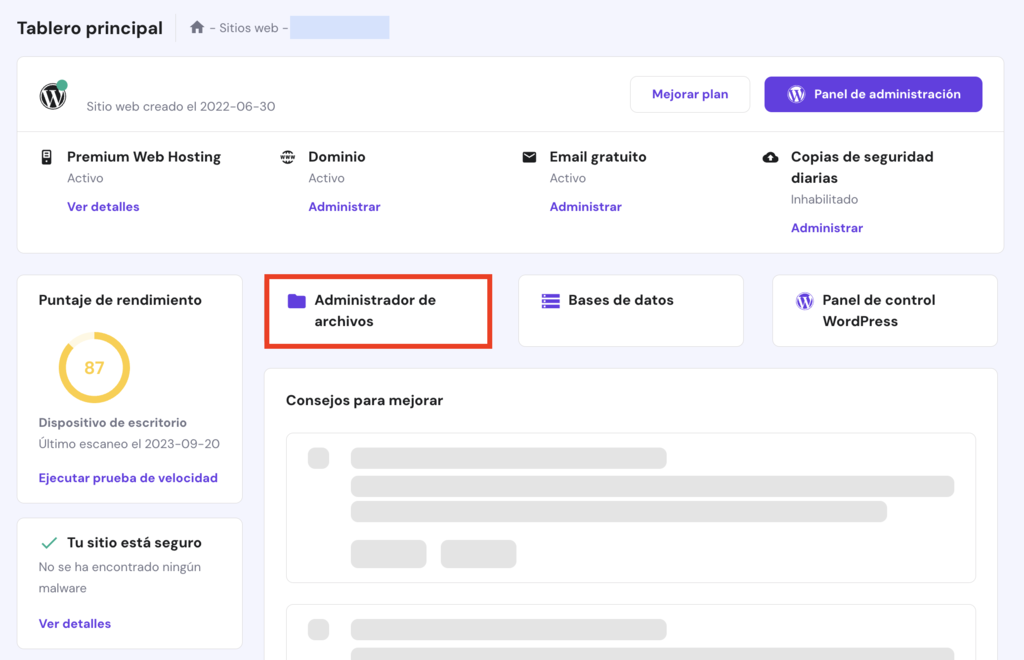 Tablero principal de hPanel