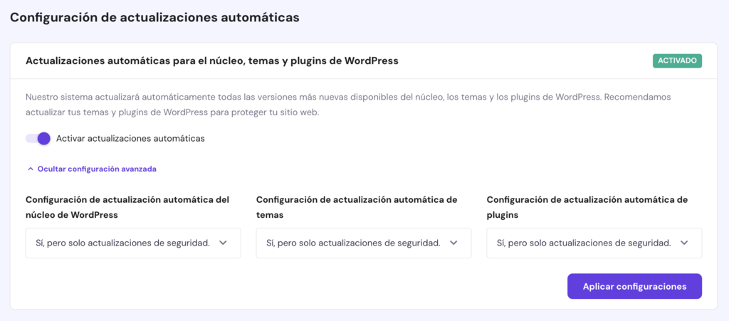 Mostrar configuraci&oacute;n avanzada de actualizaciones de hPanel