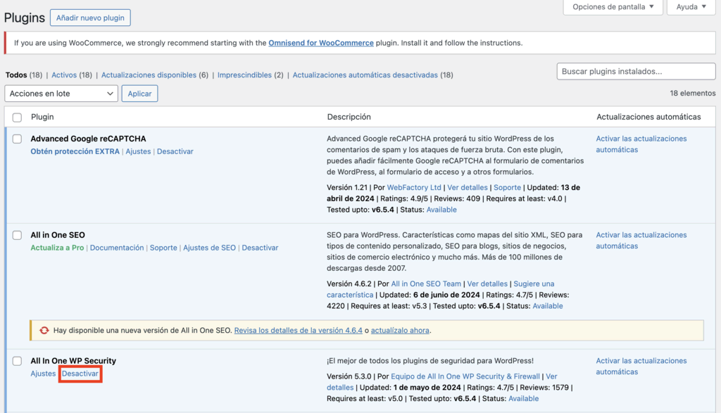 Sección de plugins de WordPress