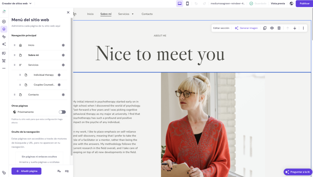 Men&uacute; del sitio web del Creador de Hostinger