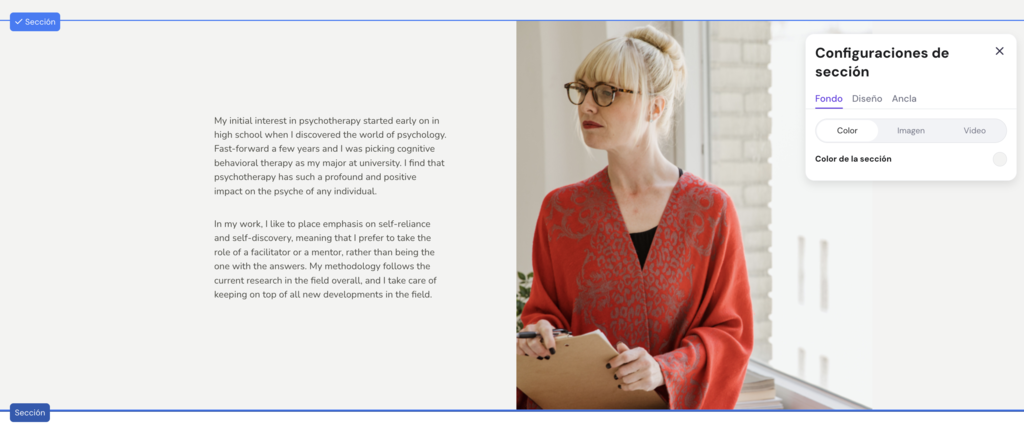 Configuraciones de secci&oacute;n del Creador de Hostinger