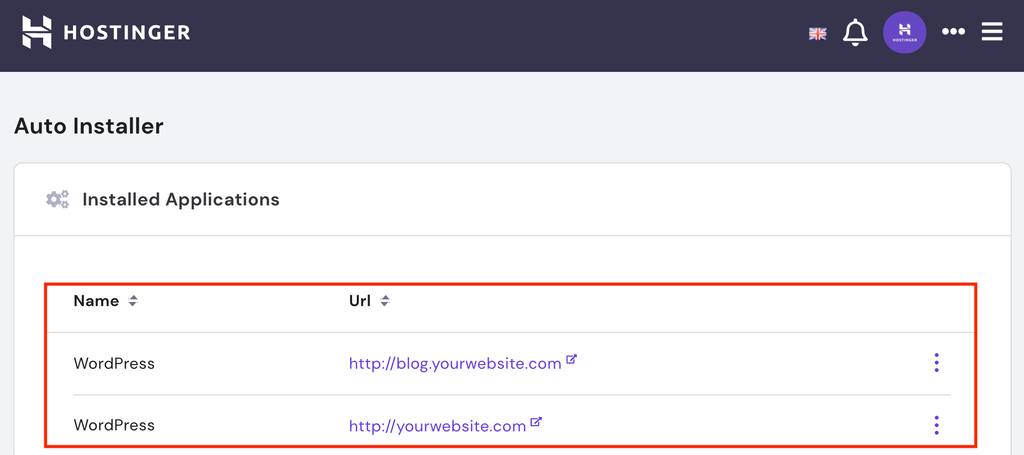 Liste der installierten Anwendungen auf hPanel