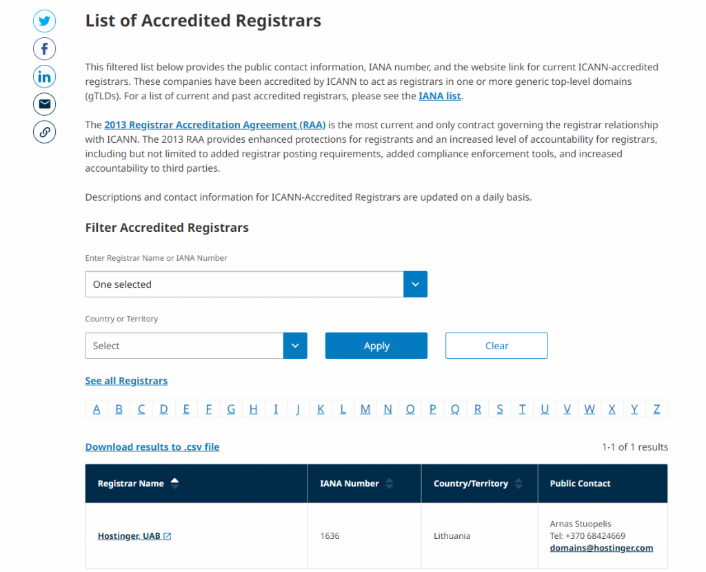ICANN-Liste der akkreditierten Registrierstellen am Beispiel von Hostinger
