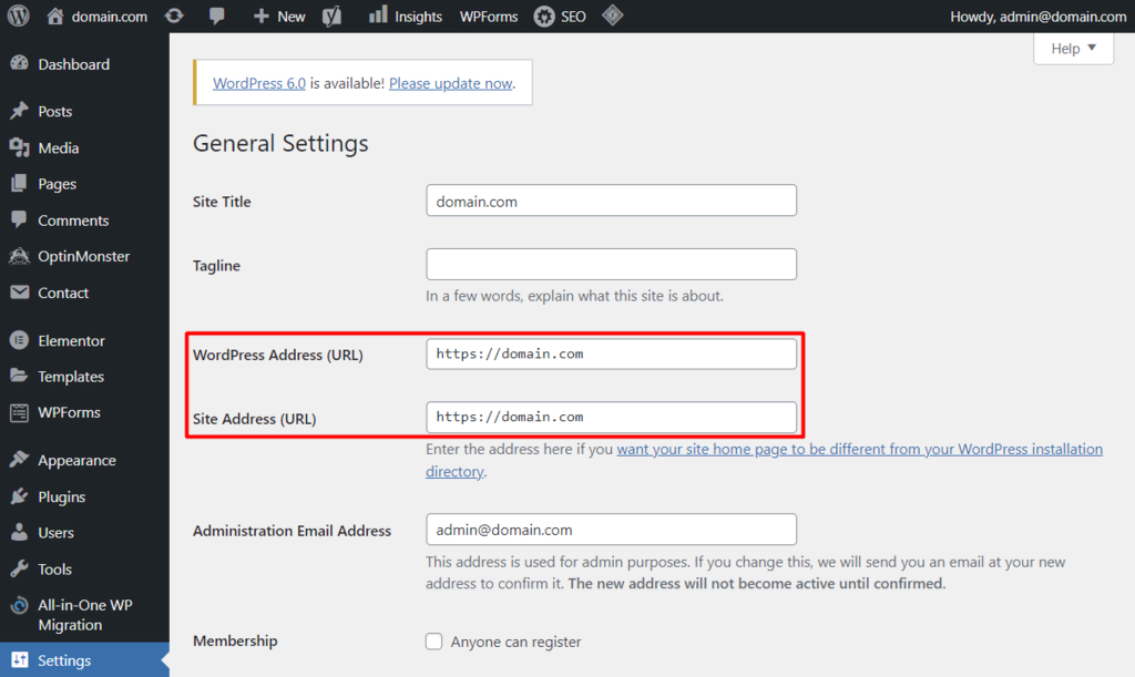 Die URL-Adresse auf dem WordPress-Dashboard
