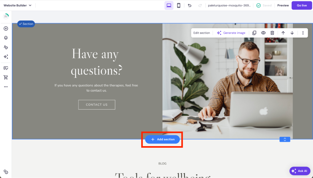 Schaltfläche „Abschnitt hinzufügen“ hervorgehoben