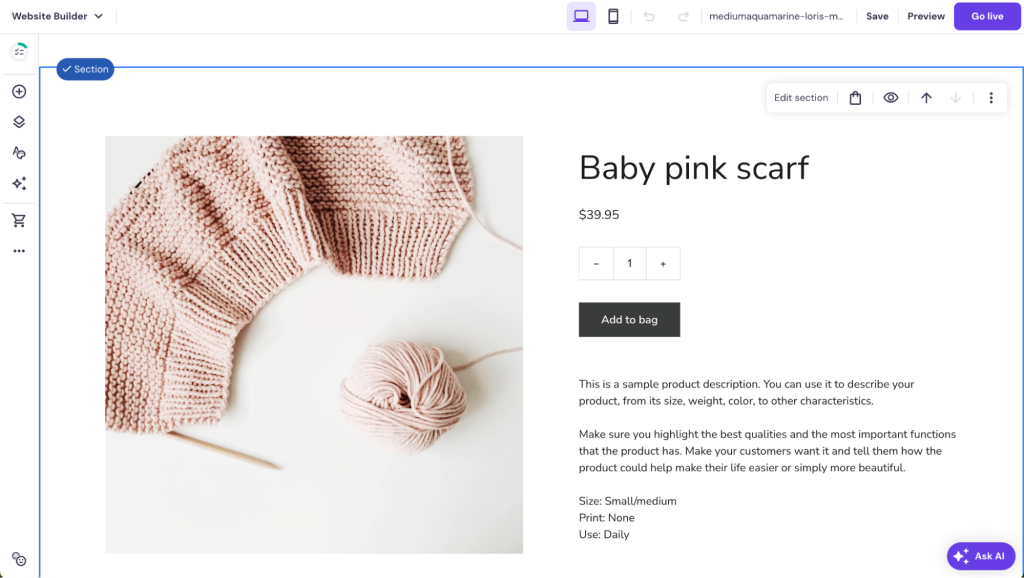 Auf einer Produktseite ausgewählter Produktbereich