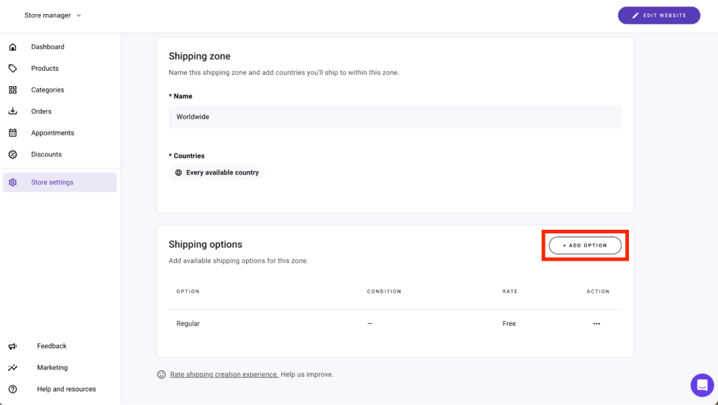 Schaltfläche "Option hinzufügen" hervorgehoben