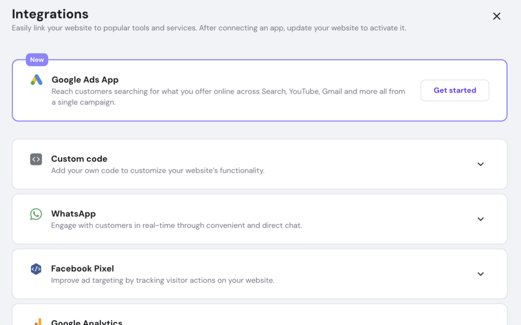 Screenshot des Abschnitts „Integrationen“ des Hostinger Website-Baukastens, in dem Optionen für Anwendungen von Drittanbietern angezeigt werden.