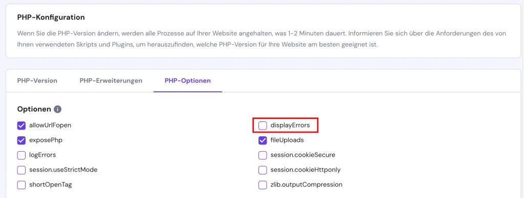 Die Option displayErrors im PHP-Optionsmenü von hPanel