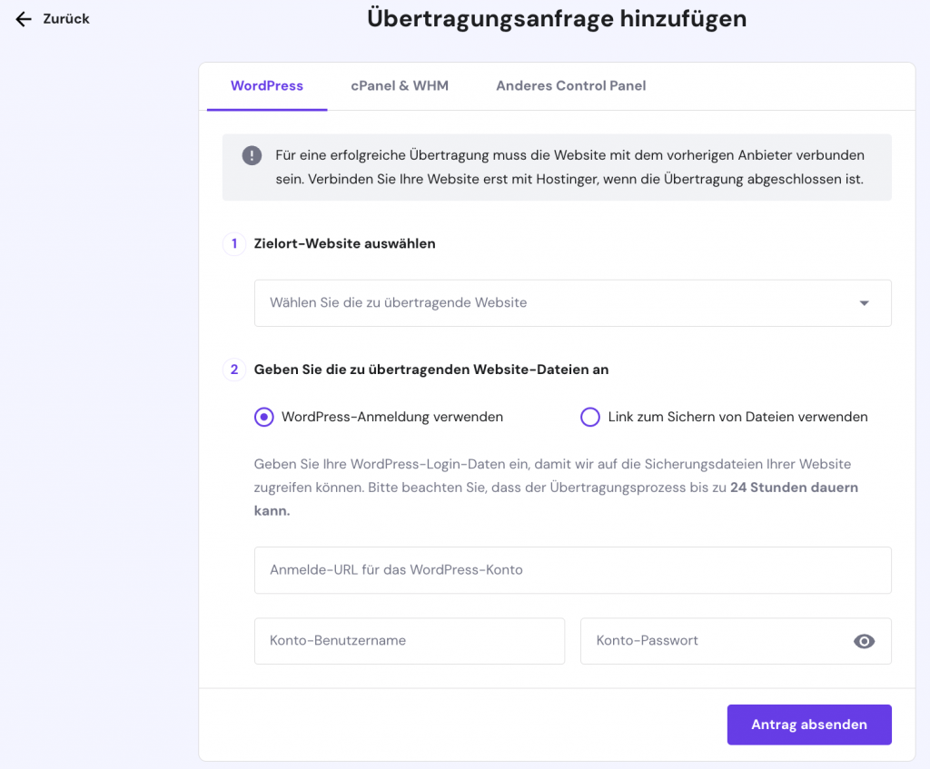 Übertragungsanfragen-Formular