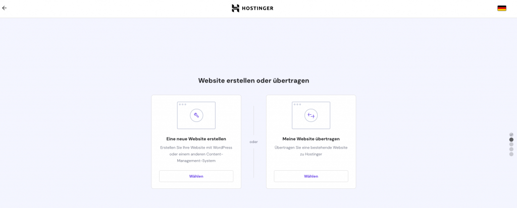 Das Auswahlmenü zum Erstellen oder Migrieren einer Website im hPanel-Bildschirm zur Website-Erstellung