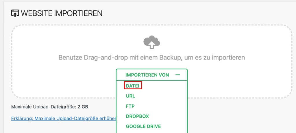 Die Importfunktion des All-in-One WP Migration Plugins hebt die Option Datei hervor