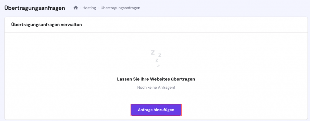 Hostinger Seite der Übertragungsanfragen mit markierter Schaltfläche Anfrage hinzufügen