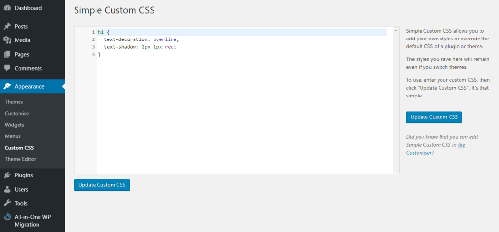 Hinzufügen von individuellem CSS mit dem Simple Custom CSS Plugin
