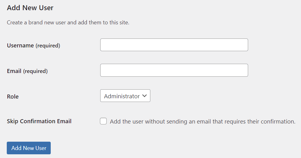 Der Abschnitt „Neuen Benutzer hinzufügen” im WordPress-Dashboard