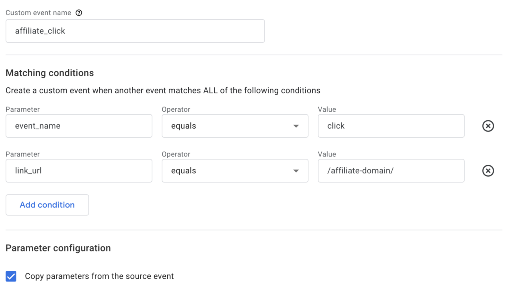 Details zum Erstellen eines benutzerdefinierten Ereignisses für Affiliate-Klicks in GA4
